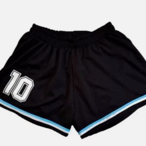 Black soccer shorts featuring a white number 10 graphic on the left leg and light blue and white trim on the bottom hem, designed in a retro style.