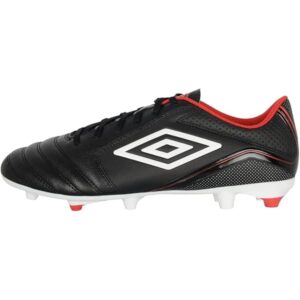 Black Umbro soccer cleat with a white double-diamond logo and red trim around the heel and collar, featuring conical studs for firm ground.