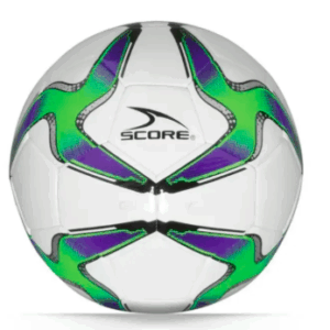 White SCORE soccer ball with green, purple, and black geometric panel graphics on the surface.