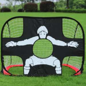 Pop-up soccer goal with a black target sheet featuring a printed goalkeeper and a circular scoring hole in the center.