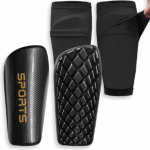 Pair of black soccer shin guards shown with compression sleeves. The guards feature a hexagonal or honeycomb texture on the front and diamond-patterned EVA padding on the back.