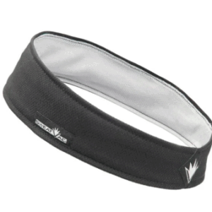 Black wide athletic headband featuring a small white logo, mesh-like exterior texture, and a light gray, moisture-wicking lining.