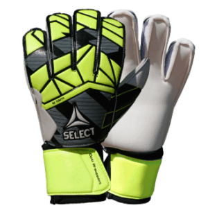 Pair of Select brand youth goalkeeper gloves featuring a neon yellow, gray, and black geometric pattern on the backhand, a white palm, and a neon yellow hook-and-loop wrist strap.